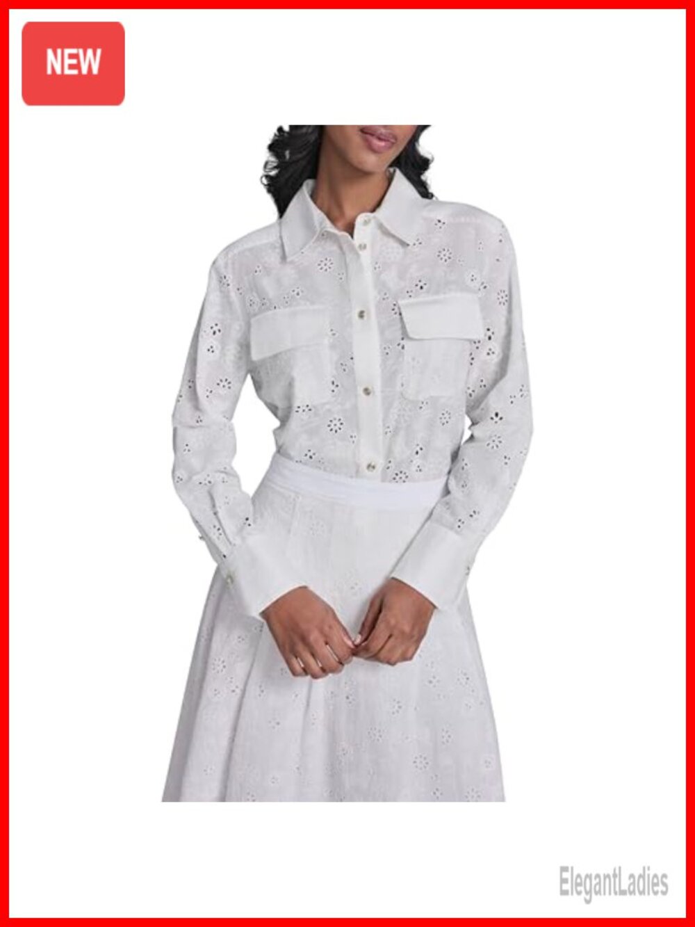 Karl Motif Eyelet Button Down Collared Balloon Sleeve Work Blouse